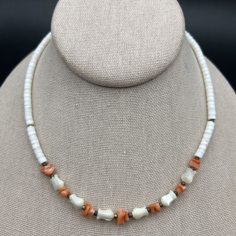 Carved Mother Of Pearl Flower Necklace Puka Shell Coral Tulip Pikake Vintage